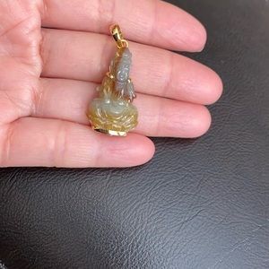 14k Real Gold Kwanyin lady Buddha Jade Pendant Sm